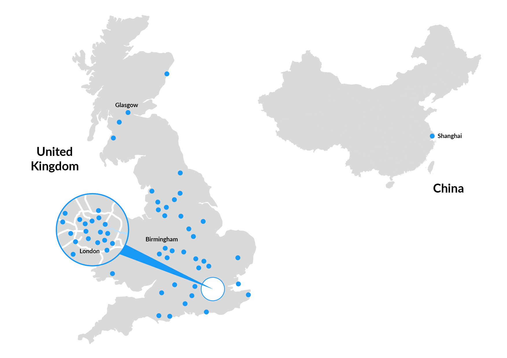 graphic of all Circle Health Group locations in the UK and China