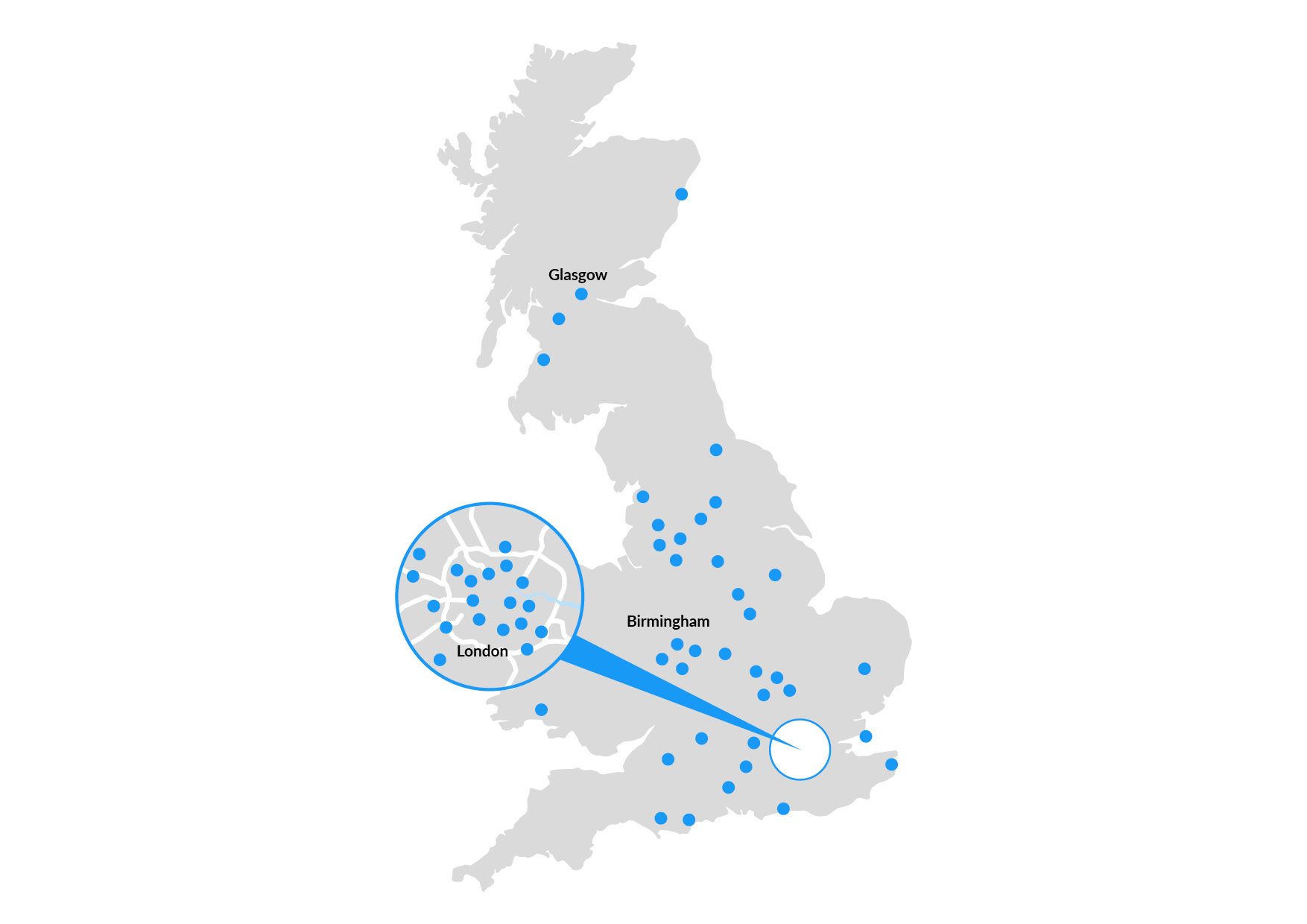 Grey and blue map showing the location of Circle Health Group hospitals across the UK