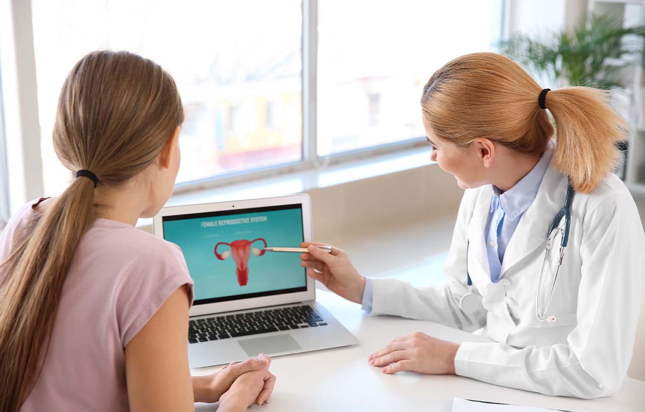 Embryo cryopreservation being explained to a patient, with the doctor pointing to a diagram on a laptop