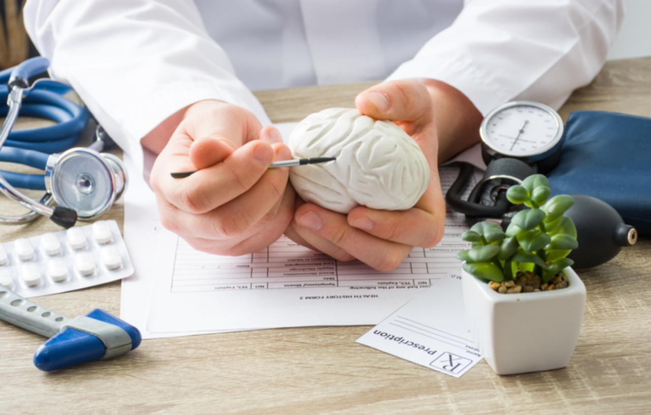 Doctor points at a model of a brain to explain his stroke rehabilitation programme to a patient