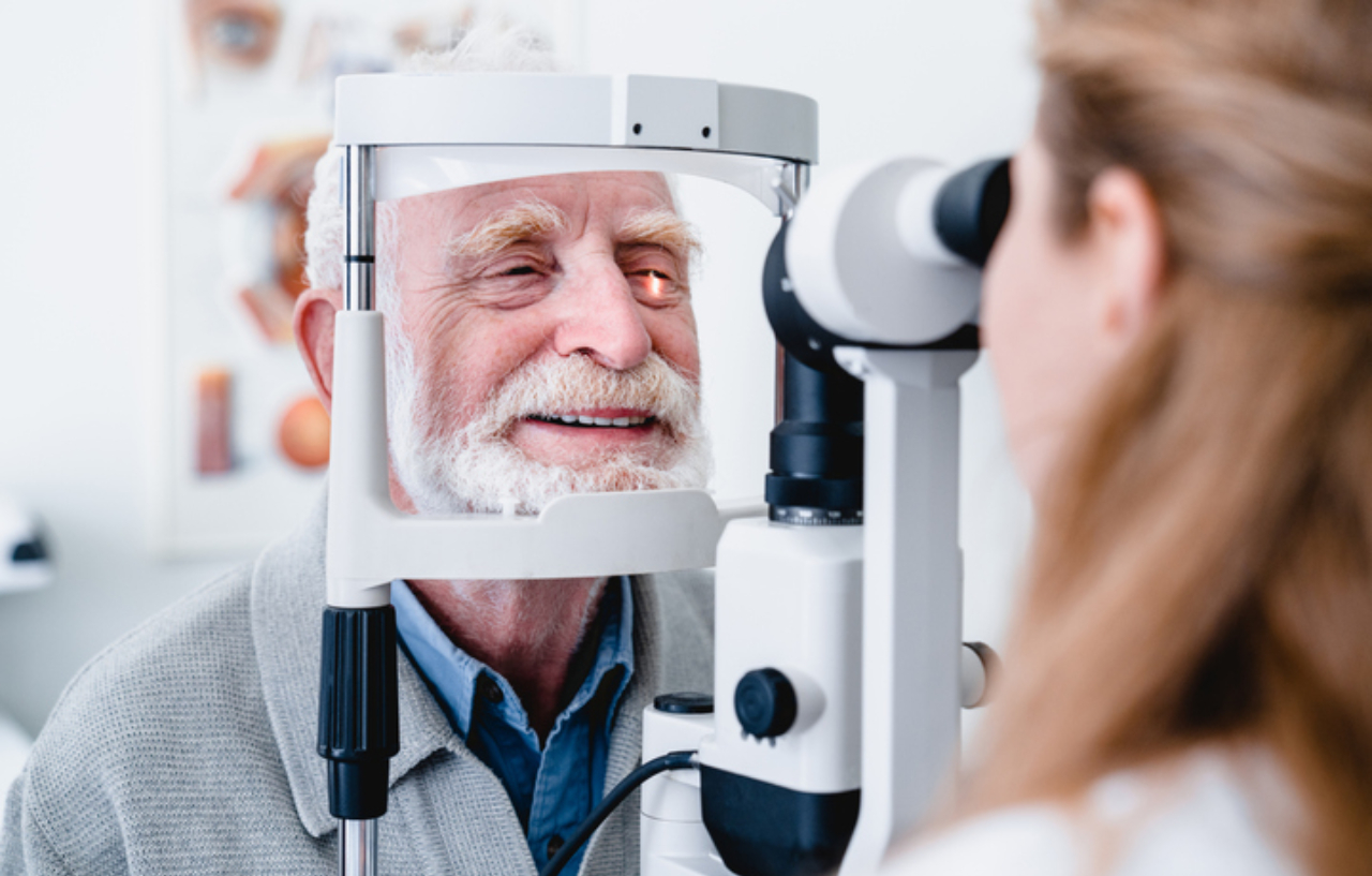 Man having an eye exam as part of this presbyopia treatment plan