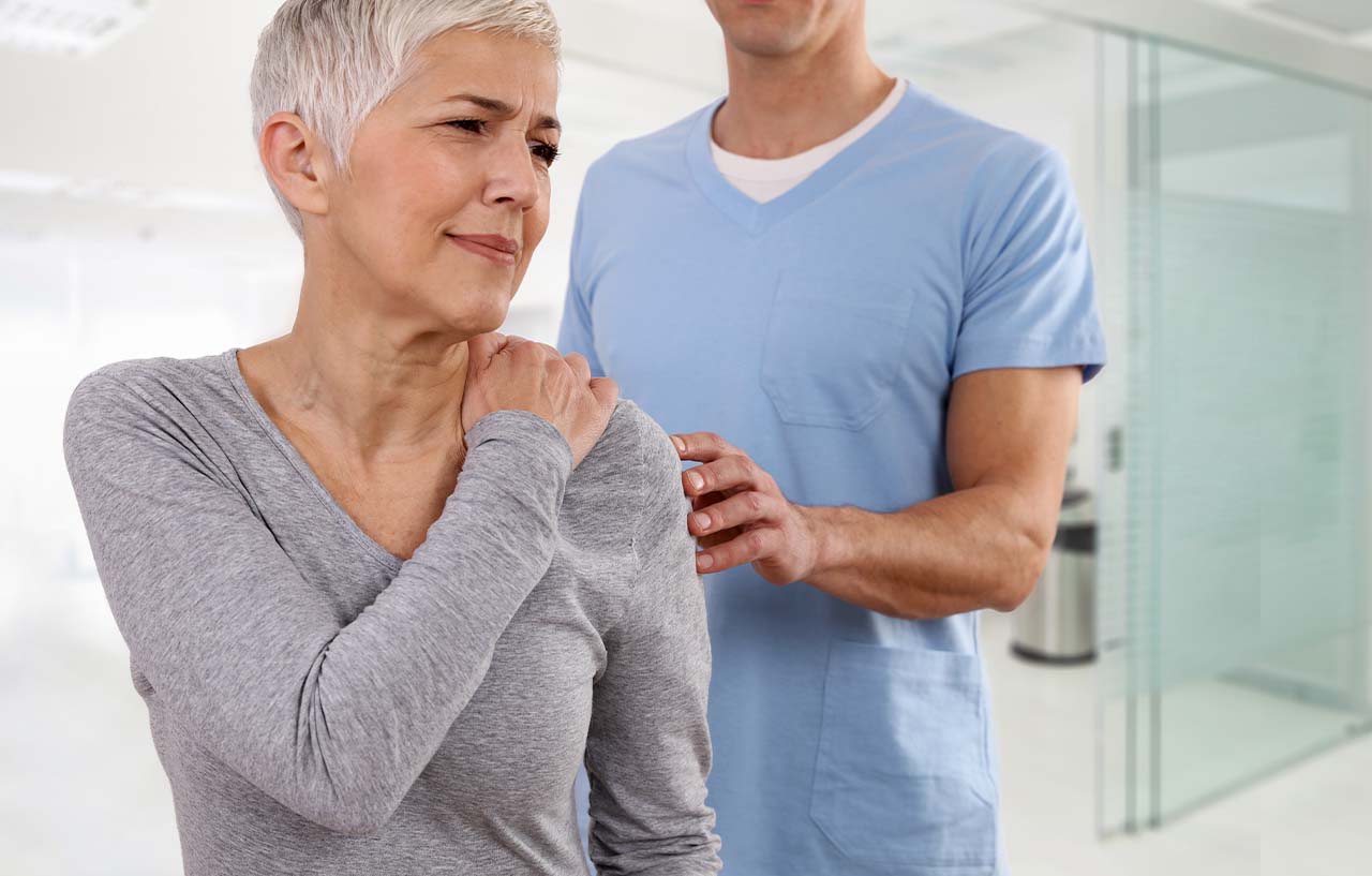 A patient with shoulder arthritis is suffering from pain and stiffness in her neck