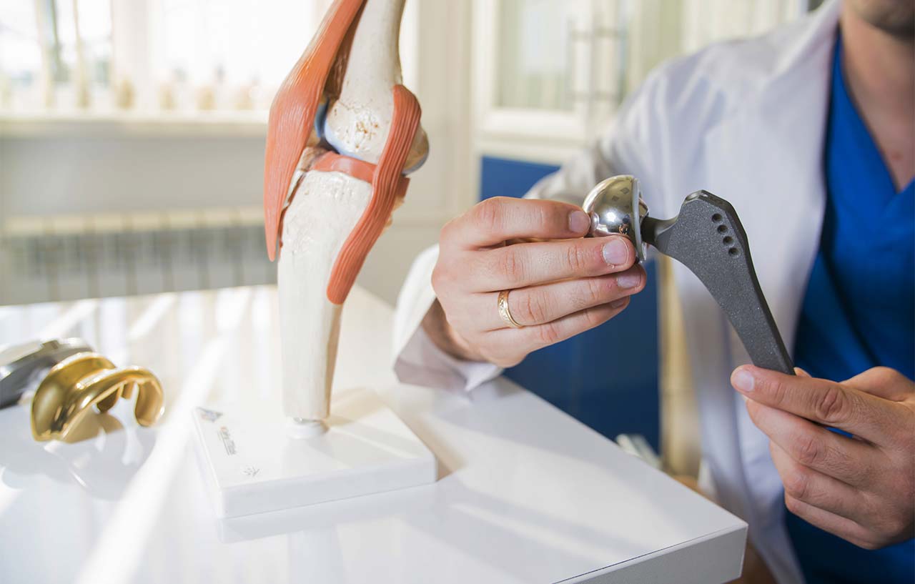 Surgeon next to hip joint model with implant used in a hip replacement