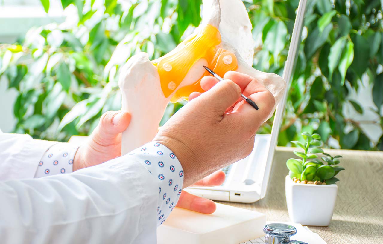 Surgeon explains hip resurfacing by pointing to a model of a hip joint