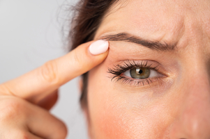 A lady pulling back her eyelid